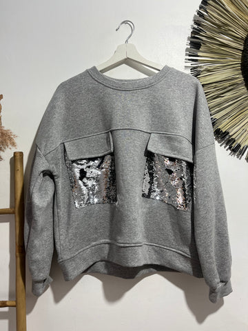 Sudadera Bolsillos Paillettes Grey